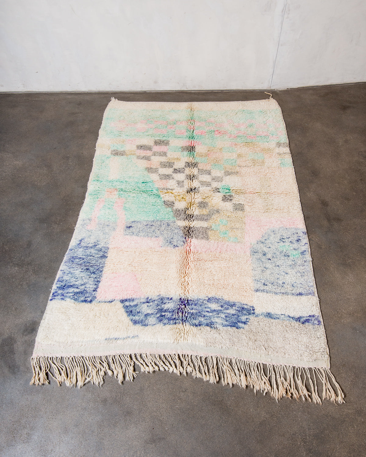 Modern, designer, handcrafted Berber rug from Morocco. Vintage carpet with beautiful colours and patterns and fluffy texture.